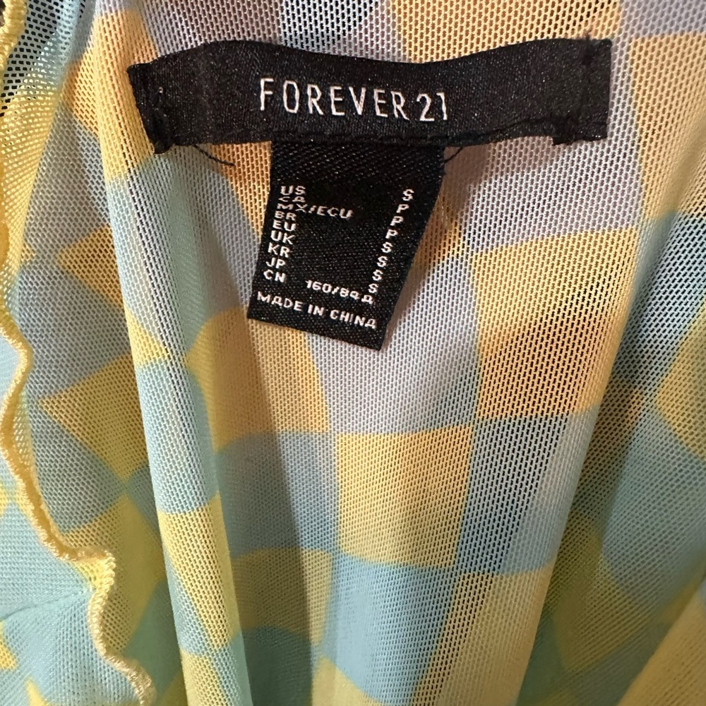 Forever 21 Sheer Yellow and Blue Checkered Retro Vibe Top Size Small - Picture 4 of 4